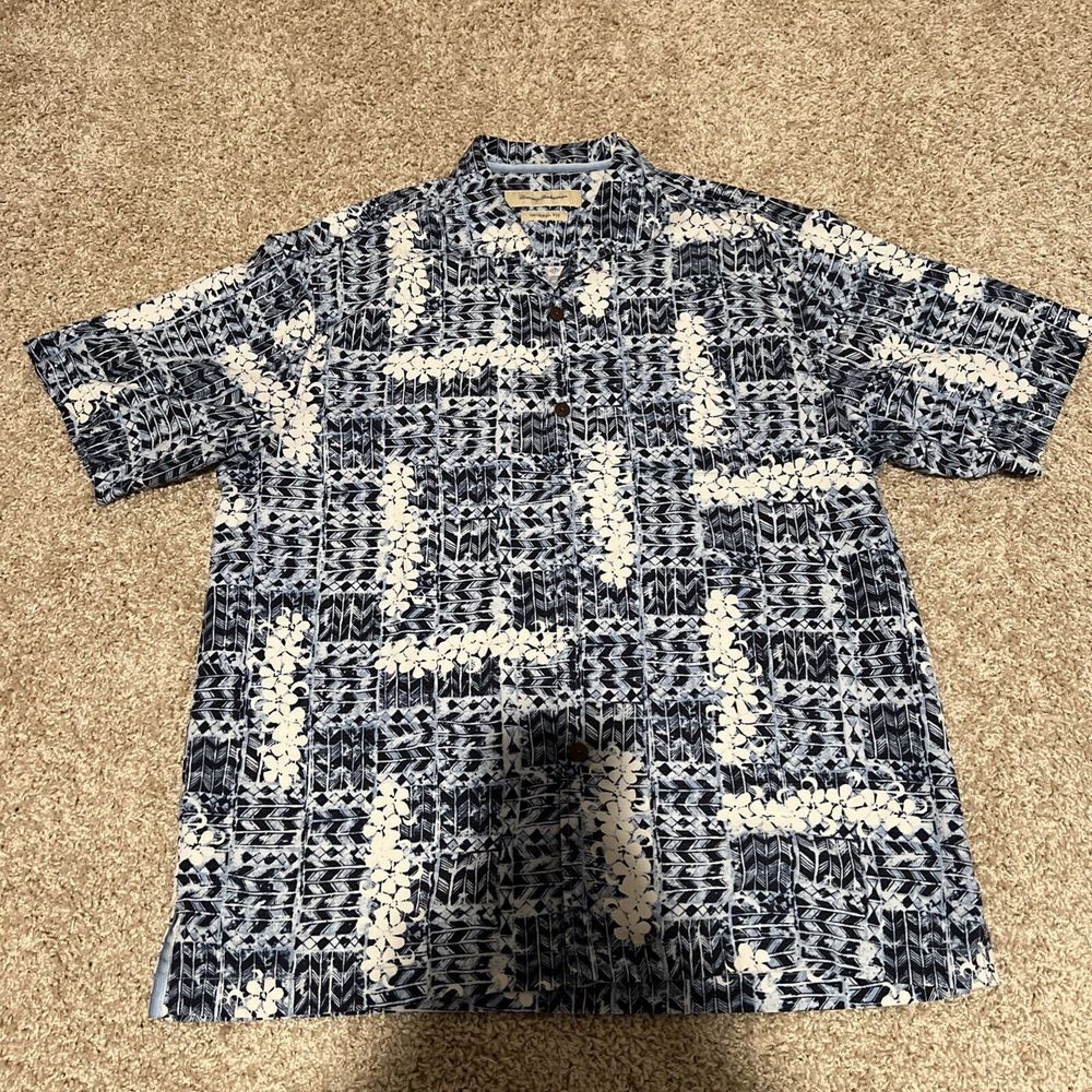 Tommy Bahama Silk Shirt "Olei Olei" Hawaiian Shirt Floral Blue Men's